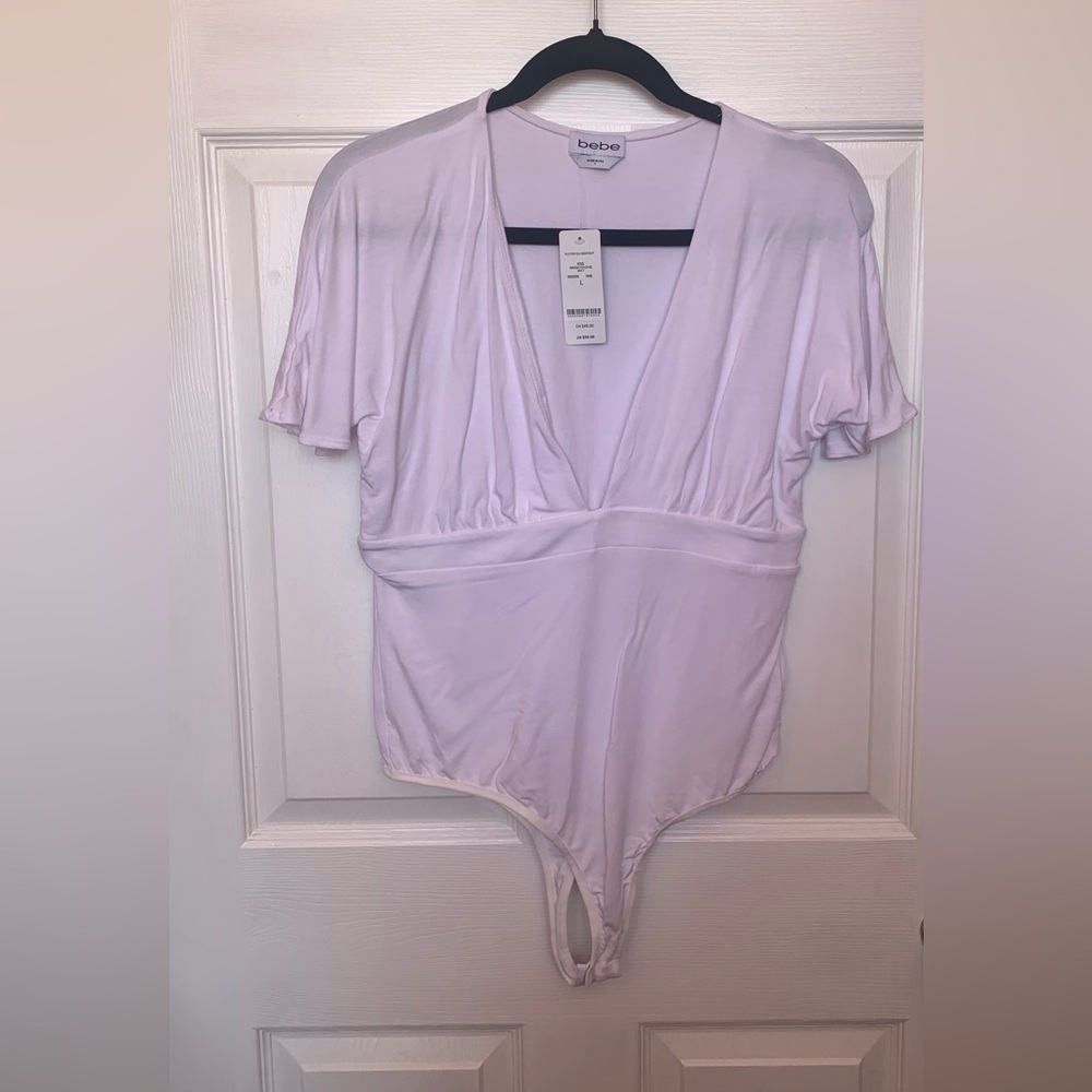 bebe white  Deep V-Neck Short Sleeve Bodysuit